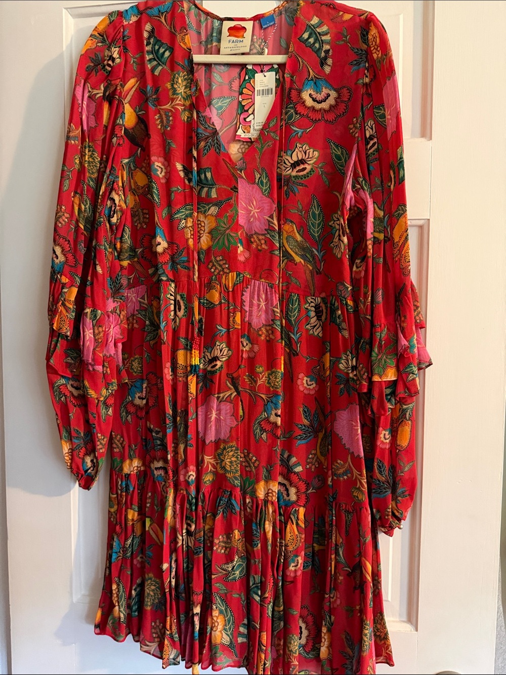 FARM Rio Red Floral Long Sleeve Tiered Dress